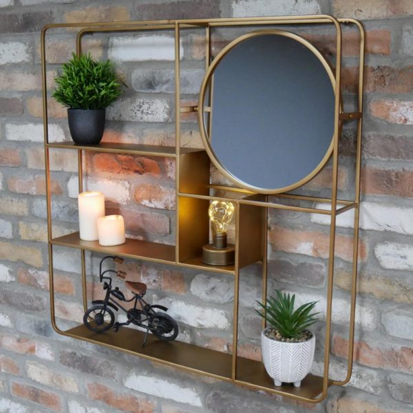 696124 Gold Wall Unit With Shelves and Mirror
